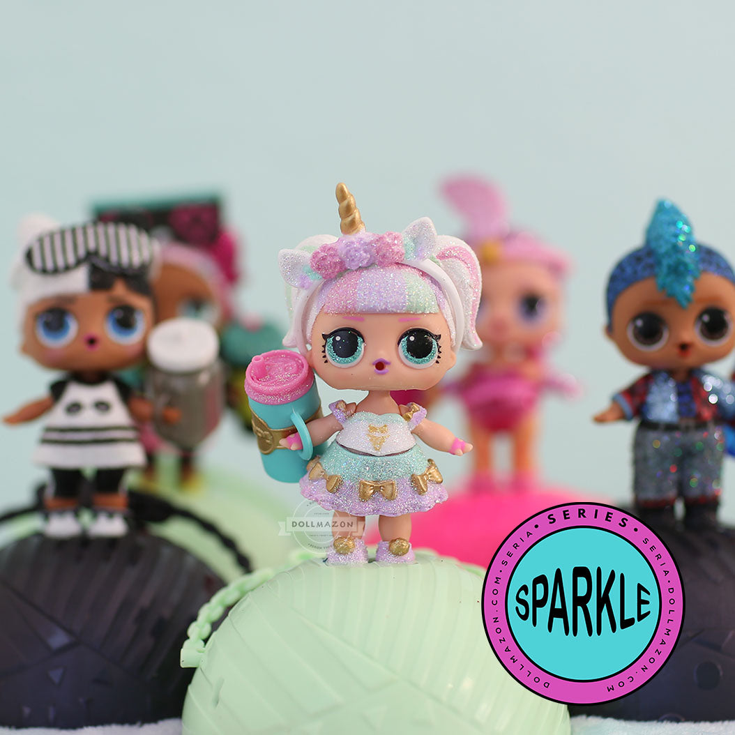 L.O.L. Surprise! Sparkle Series is the fourth line of the "special finish" mini-series of L.O.L. Surprise! LOL Surprise Sparkle Series has Unicorn and other LOL Dolls. All dolls in this series has 4 activities: Changes Color, Spits, Tinkles or Cries.