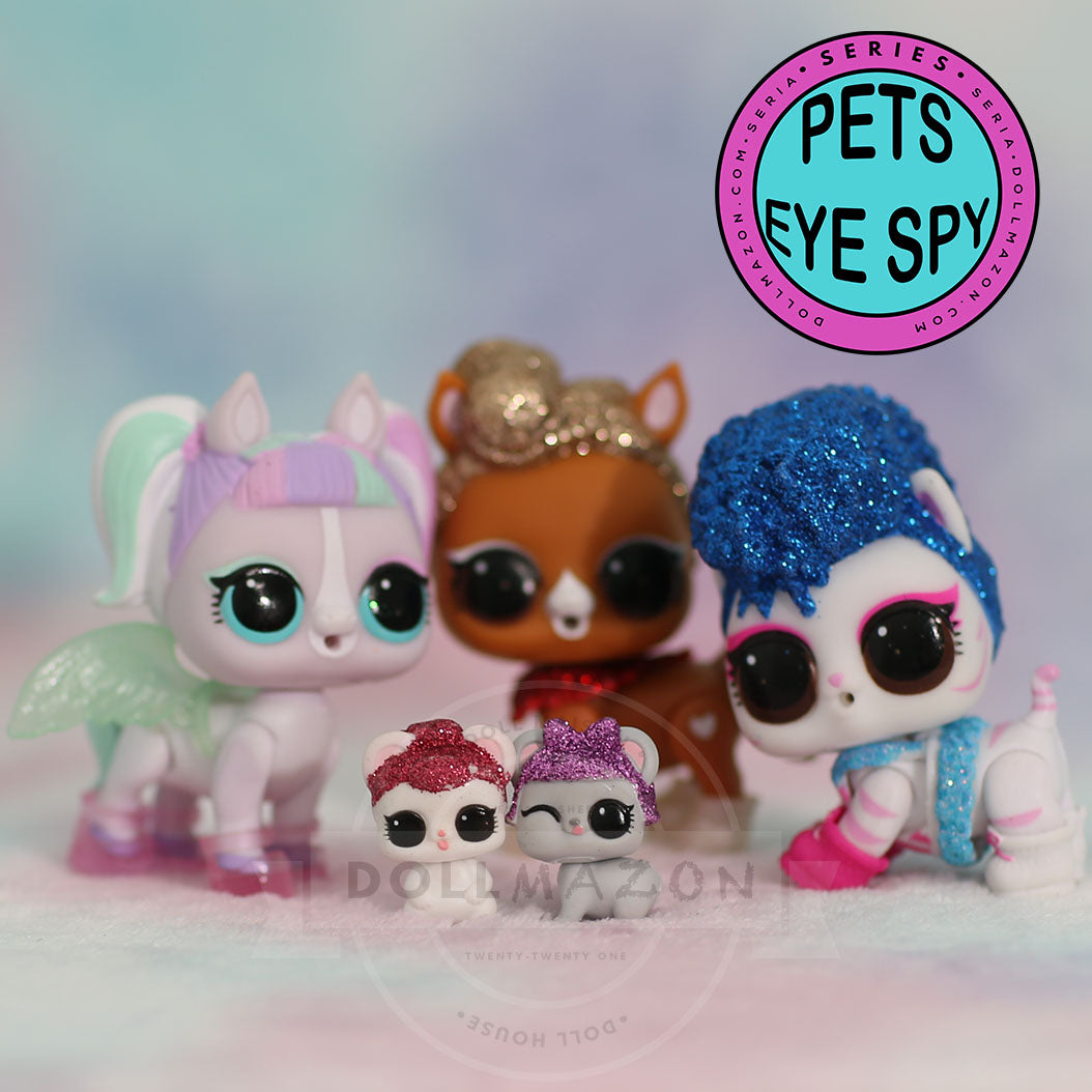 Eye Spy Series: Pets is part of the Eye Spy Series of the L.O.L. Surprise! LOL doll line.   Eye Spy Series Pets includes puppies, kitties, bunnies and even skunks, ponies and owls! Match the pet to the L.O.L. Surprise!